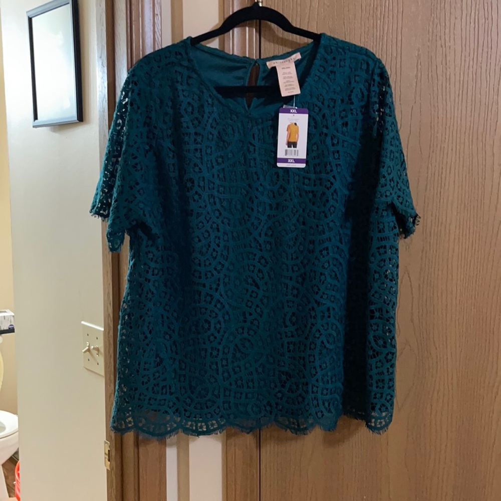 Brand new teal crocheted pullover blouse